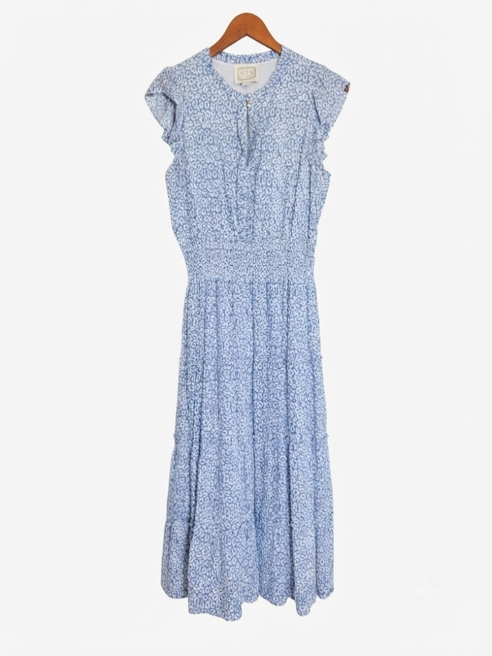 Sail to Sable Blue White Flutter Sleeve Tiered Midi Dress Coastal Preppy M